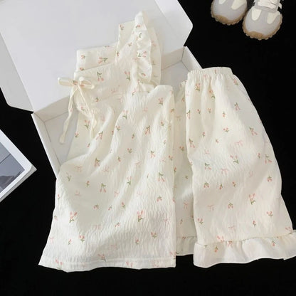 Childrens Floral Pajamas Set Summer Lightweight Cloud Cotton Vest with Shorts Princess Style for Girls Baby Homewear