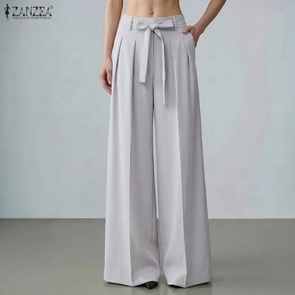 ZANZEA Summer Autumn Wide Leg Pants Women Long Trousers Fashion Solid Color Bottoms Streetwear Belt Pant Oversize S-3XL