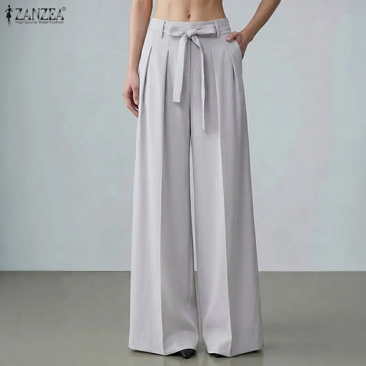 ZANZEA Summer Autumn Wide Leg Pants Women Long Trousers Fashion Solid Color Bottoms Streetwear Belt Pant Oversize S-3XL
