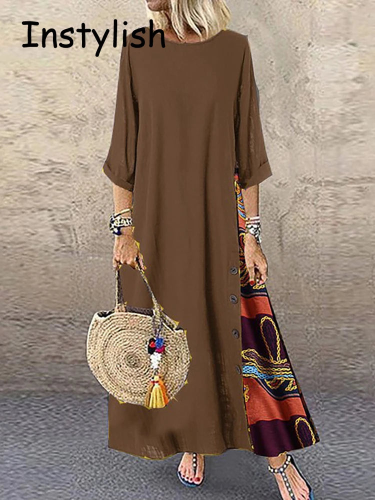 Women Vintage Harajuku Long Dress Bohemian Stitching Print 3/4 Sleeve O Neck Loose Oversized Maxi Dress Casual Elegant Robe