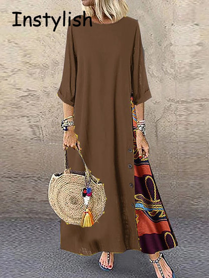 Women Vintage Harajuku Long Dress Bohemian Stitching Print 3/4 Sleeve O Neck Loose Oversized Maxi Dress Casual Elegant Robe