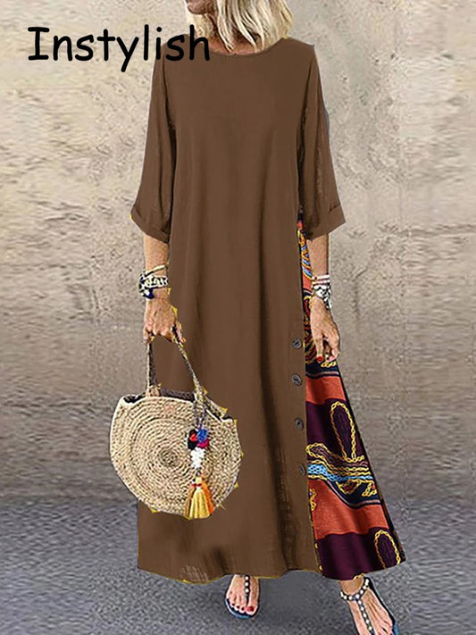 Women Vintage Harajuku Long Dress Bohemian Stitching Print 3/4 Sleeve O Neck Loose Oversized Maxi Dress Casual Elegant Robe