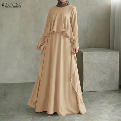 ZANZEA Women Elegant Long Sleeve Muslim Abaya Dress Robe Femme Stylish Ruffled Maxi Dresses Solid Loose Ramadan Sundress Kaftan