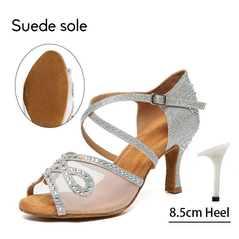 Women Latin Dance Shoes Rhinestone High Heels Dancing Shoes Ladies Party Shoes Women Tango Ballroom Dancing Shoes Salsa Sandals