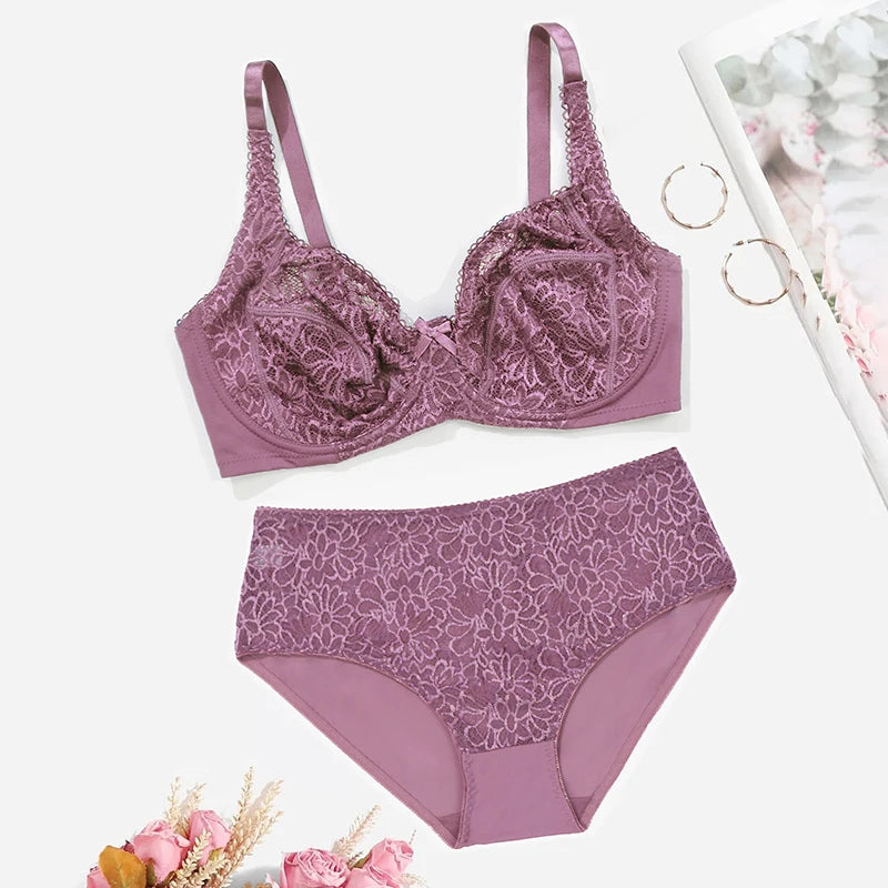 BEAUWEAR Female Big Size Lace Lingerie Set Bra with Wire Unlined Thin Breathable Bra and Panties Set 85C-110E
