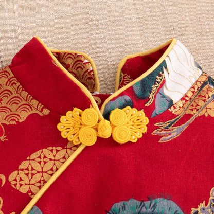 Baby Cheongsam Summer Chinese Style Print Fly Sleeve Cotton Red Qipao Toddler Girl Dress 0-2 Years