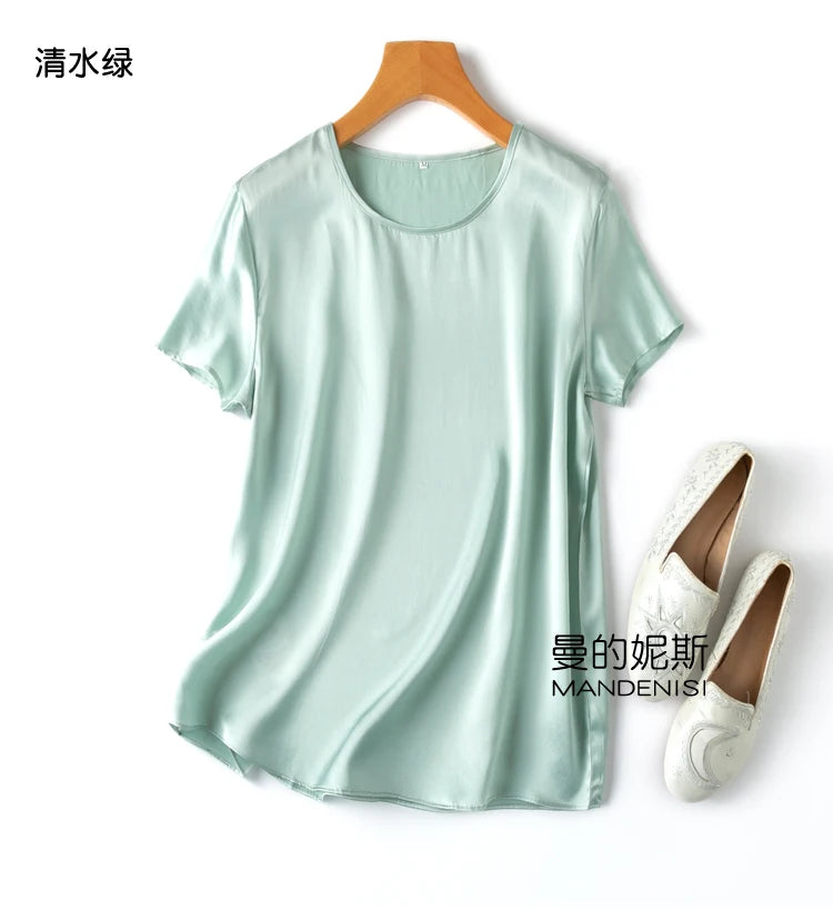 ZVAQS 100% Mulberry Silk T Shirts Woman Elegant Satin T Shirt 27 Colors High Quality Silk Summer Tops 2025 Women Clothing Топ