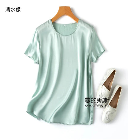 ZVAQS 100% Mulberry Silk T Shirts Woman Elegant Satin T Shirt 27 Colors High Quality Silk Summer Tops 2025 Women Clothing Топ
