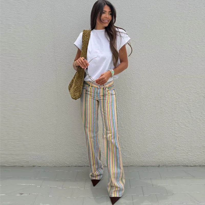 HXAO Striped Jeans For Woman Summer Low Landing Jeans Wide Leg Straight Baggy Denim Pants Chic Casual Streetwear Long Trousers