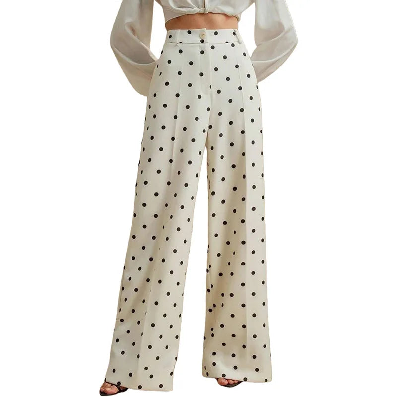 Fashionable Women's Vintage Polka-dot Wide-leg Pants, High-waisted Casual Trousers, Available in Beige, Black, Blue, and Brown.