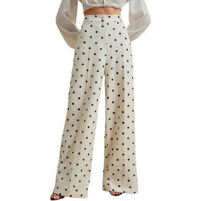 Fashionable Women's Vintage Polka-dot Wide-leg Pants, High-waisted Casual Trousers, Available in Beige, Black, Blue, and Brown.