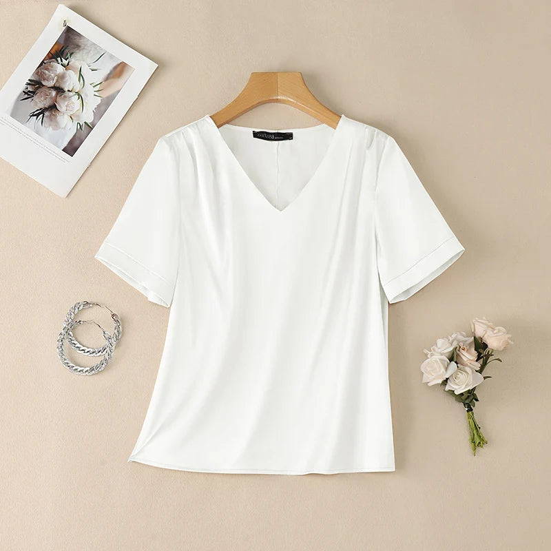 ZANZEA Women's Elegant Chic Satin Silk Blouses V-Neck Short Sleeve Pleated Detail Pullover Tops Minimalist Solid Blusas de Mujer