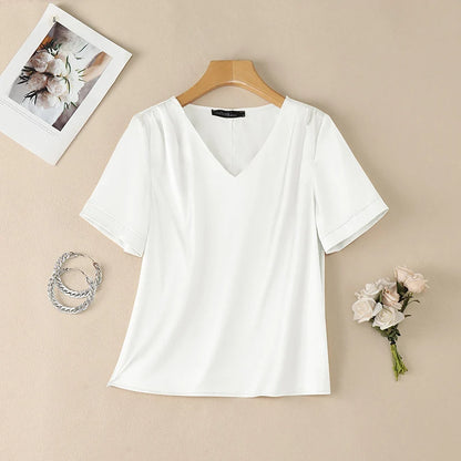 ZANZEA Women's Elegant Chic Satin Silk Blouses V-Neck Short Sleeve Pleated Detail Pullover Tops Minimalist Solid Blusas de Mujer