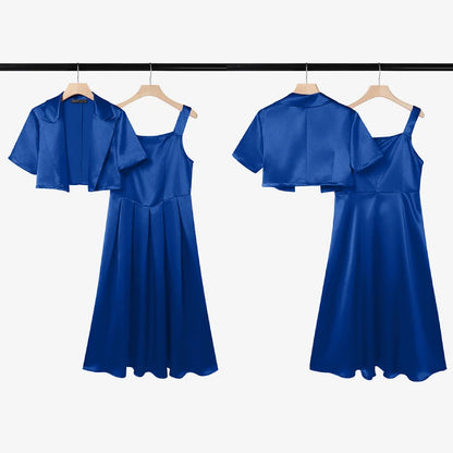 ZANZEA Women's Elegant Satin Dress Sets Sleeveless Pleated Maxi Dress & Short Sleeve Cropped Jackets 2 Piece Sets Fashion Outfit
