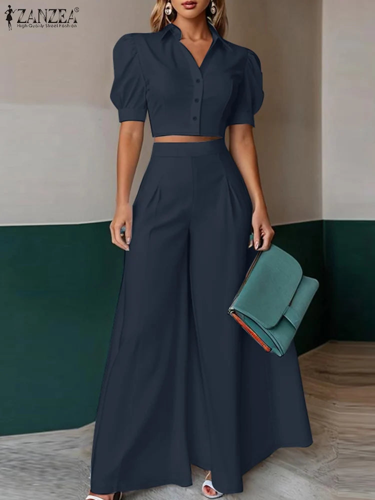 Summer Office Women Two Pieces Sets ZANZEA Elegant OL Work Pant Sets Short Sleeve Cropped Blouse Wide Leg Trousers 2PCS Outfits