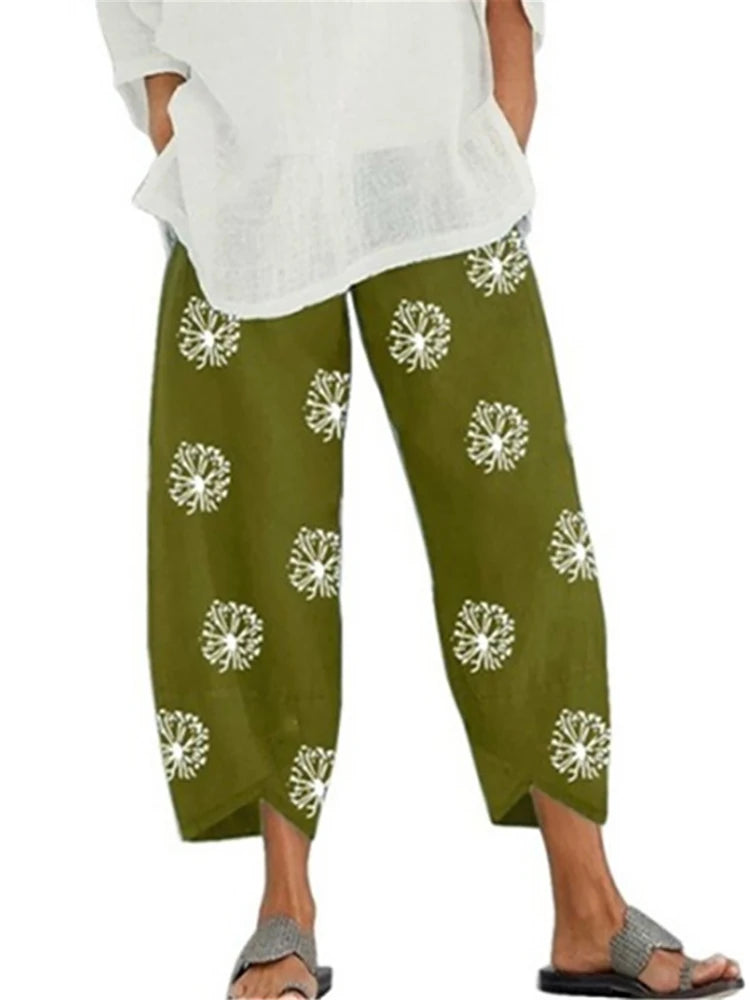 Vintage Cotton and Linen Loose Harem Pants Casual High Waist Wide Leg Trousers Women Harajuku Printed Baggy Pants Oversized