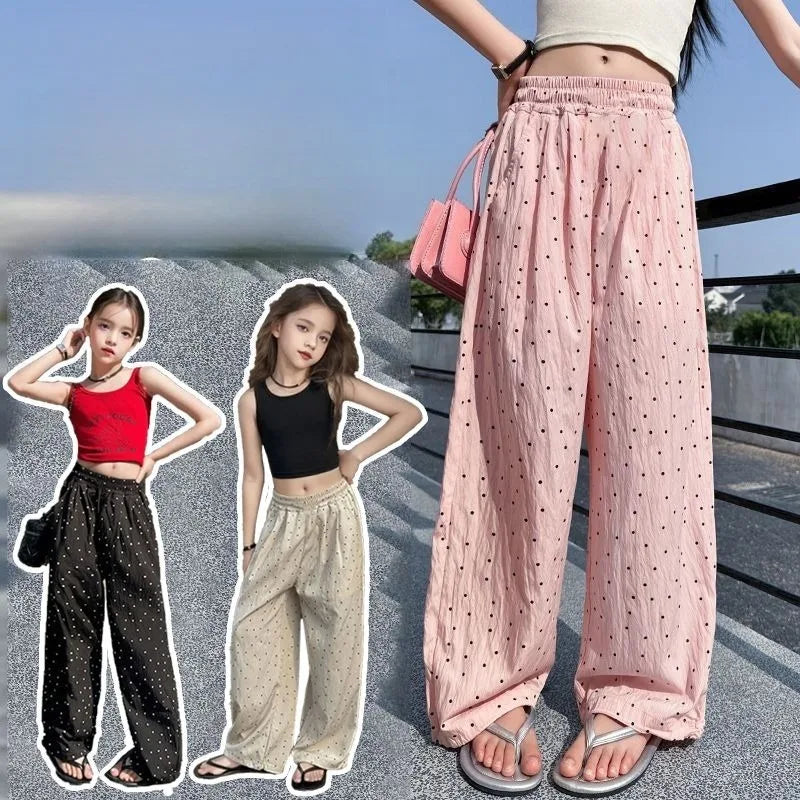 Girls' Summer Lightweight Polka Dot Straight Leg Pants Anti Mosquito Loose Fit Casual Longwear for Kids