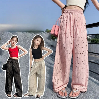 Girls' Summer Lightweight Polka Dot Straight Leg Pants Anti Mosquito Loose Fit Casual Longwear for Kids