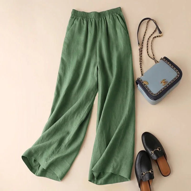 Cotton Linen Wide Leg Pants Women Summer New Loose Straight Nine Points Thin Casual Big Foot Pants High Waist Pocket Detail