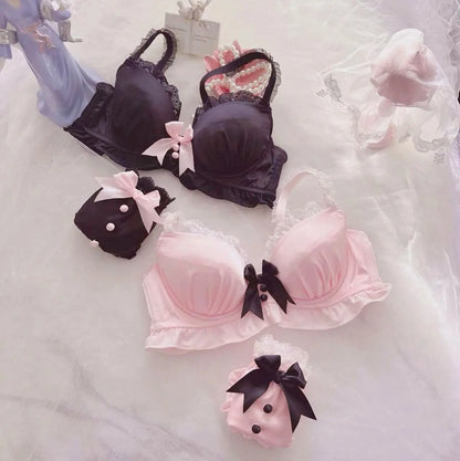 Lolita Bra Set Sweet Bow Gathering Collecting Lateral Breasts Comfortable Non-steel Ring Anti-Sagging Color Blocking Bra Set