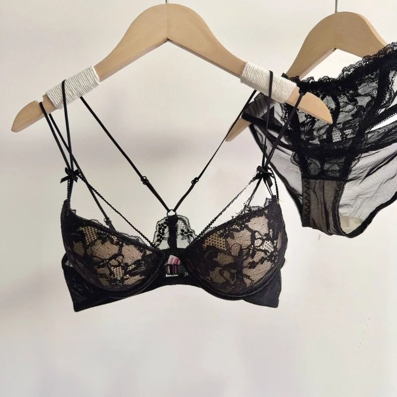 Minimal Romantic Coquette Lace Front Clasp Bra Set Wirefree Ultra Thin Straps Beauty Back Small Bust Create Curvy Lookr MOYISU