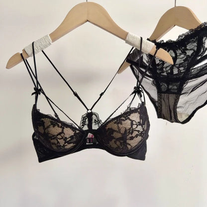 Minimal Romantic Coquette Lace Front Clasp Bra Set Wirefree Ultra Thin Straps Beauty Back Small Bust Create Curvy Lookr MOYISU