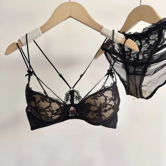 Minimal Romantic Coquette Lace Front Clasp Bra Set Wirefree Ultra Thin Straps Beauty Back Small Bust Create Curvy Lookr MOYISU