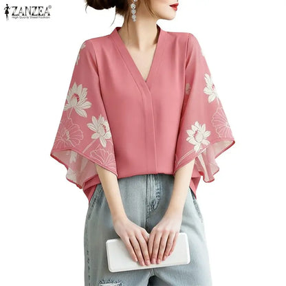ZANZEA Floral Print Patchwork Casual Blouses for Woman V-Neck 3/4 Sleeve Blusas de Mujer Spring Summer Elegant Loose Tunic Tops