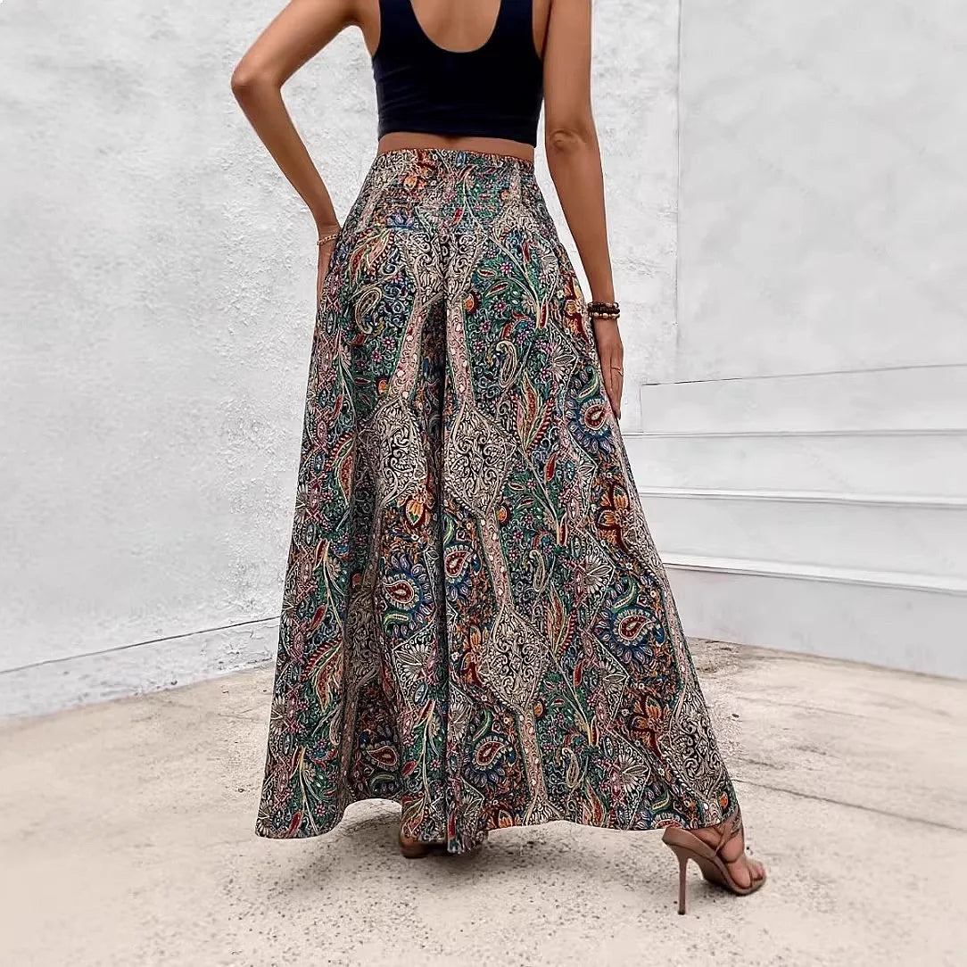 Bohemian Wide Leg Pants Retro Colorful Print High Waist Loose Casual Trousers Boho Palazzo Pants
