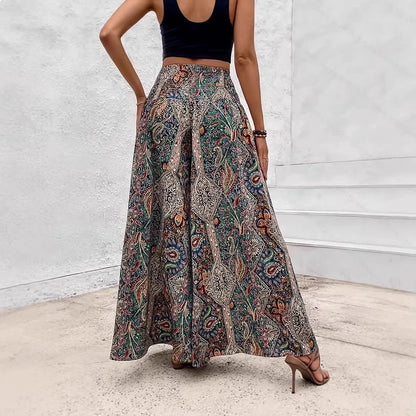 Bohemian Wide Leg Pants Retro Colorful Print High Waist Loose Casual Trousers Boho Palazzo Pants