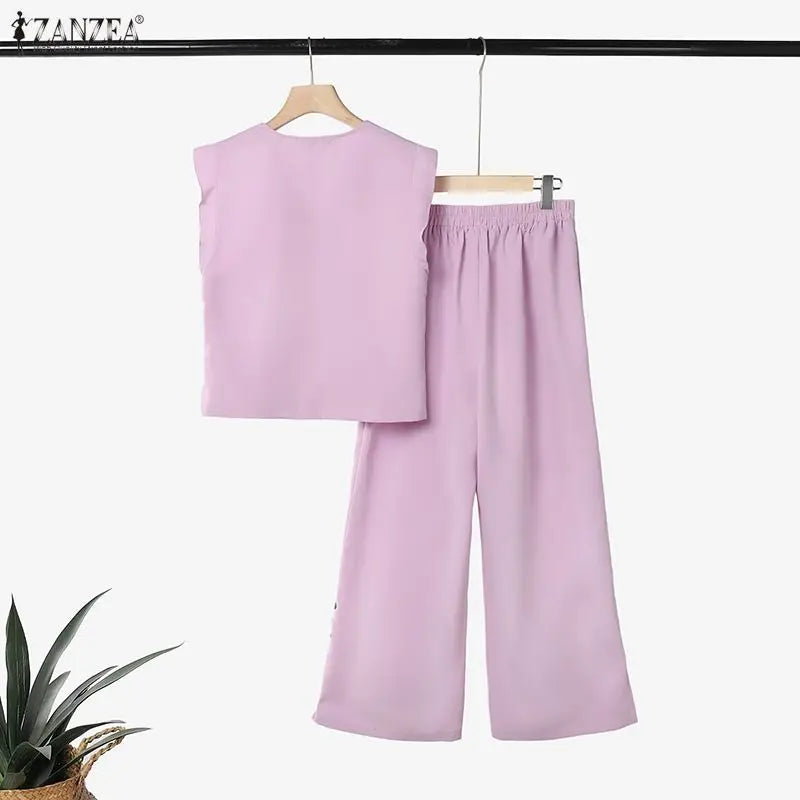ZANZEA Womens Pant Sets Side Slit Wide Leg Pants & Ruffles Trim Sleeveless Tops 2 Piece Suits Summer Casual Bohemian Outfits
