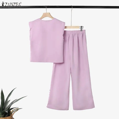 ZANZEA Womens Pant Sets Side Slit Wide Leg Pants & Ruffles Trim Sleeveless Tops 2 Piece Suits Summer Casual Bohemian Outfits