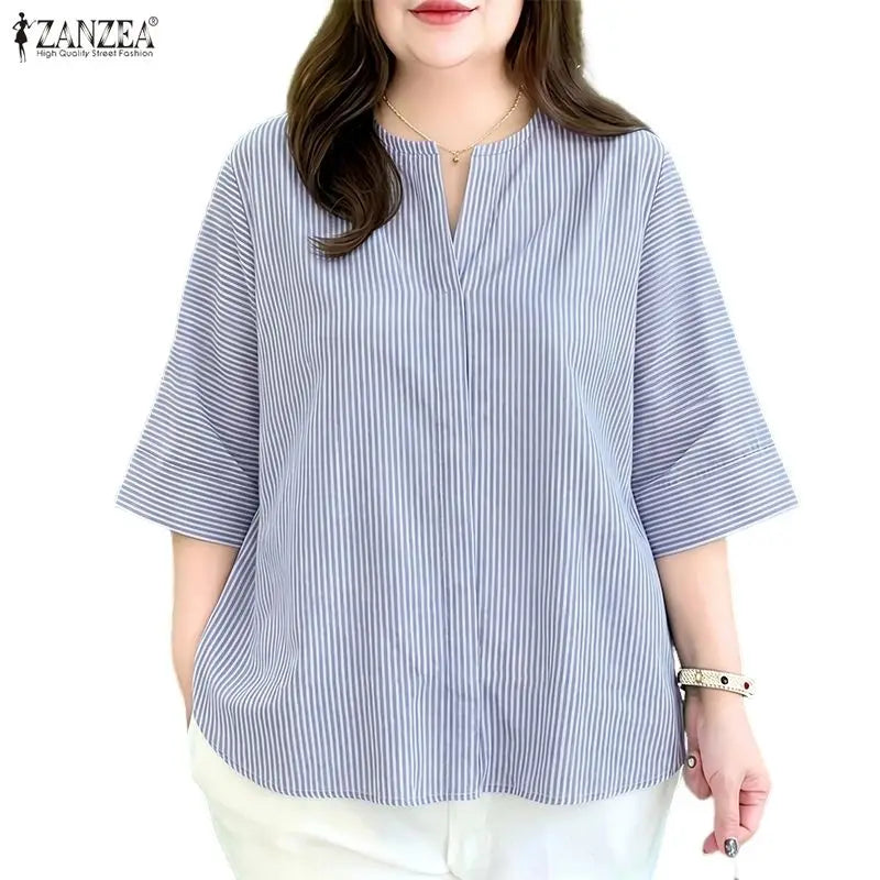 ZANZEA 2026 Summer Women Loose Striped Blouses V-Neck 3/4 Sleeve Pullover Tops Daily Casual Day to Night Blusas de Mujer