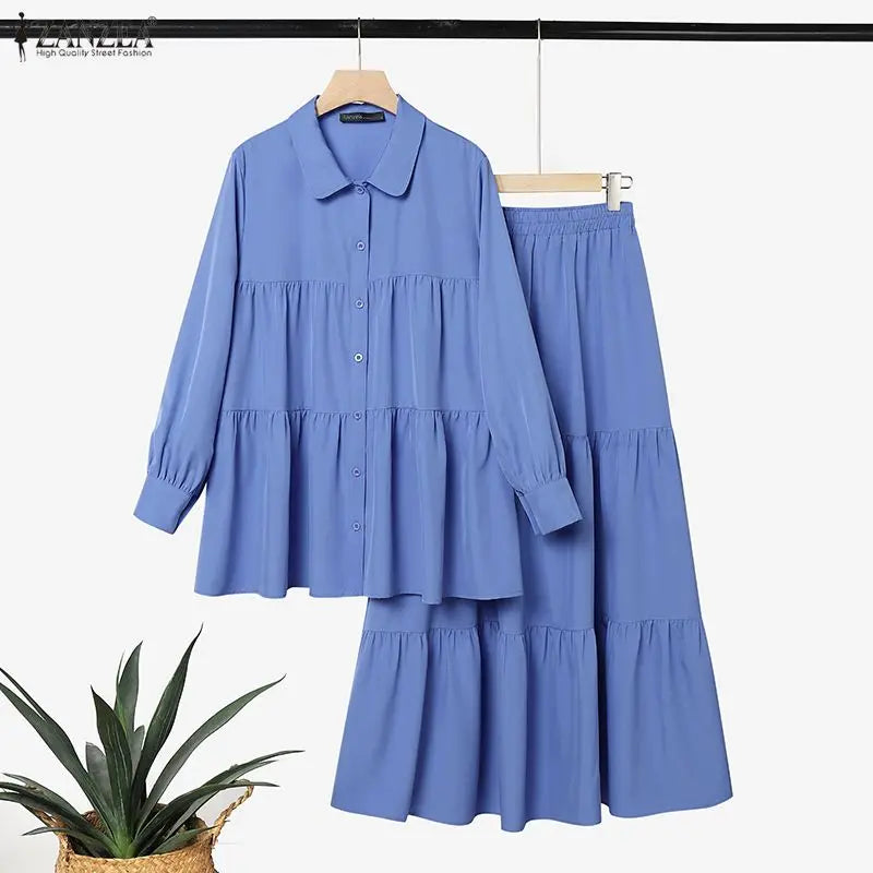 Plus Size Women Dress Sets Modest Muslim Long Sleeve Blouse Maxi Skirt ZANZEA Buttons Up Shirt Sundress Suit 2PCS Ramadan Outfit
