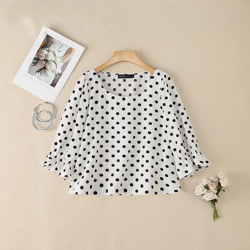 ZANZEA Women's Polka Dot Blouses Elegant Square Neck 3/4 Puff Sleeve Elastic Cuffs Pullover Tops Daily Casual Blusas de Mujer