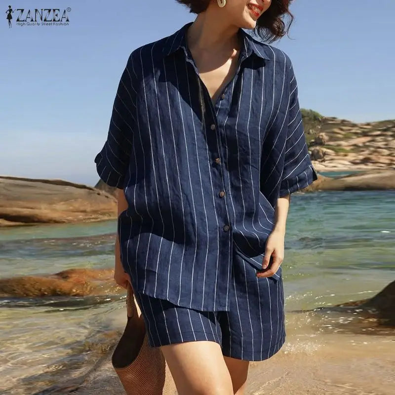 2026 ZANZEA Summer Elegant Short Sleeve Lapel Neck Shirt Short Sets Casual Women 2 Pieces Sets Striped Holiday Outfits Tracksuit