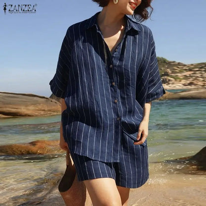 2026 ZANZEA Summer Elegant Short Sleeve Lapel Neck Shirt Short Sets Casual Women 2 Pieces Sets Striped Holiday Outfits Tracksuit