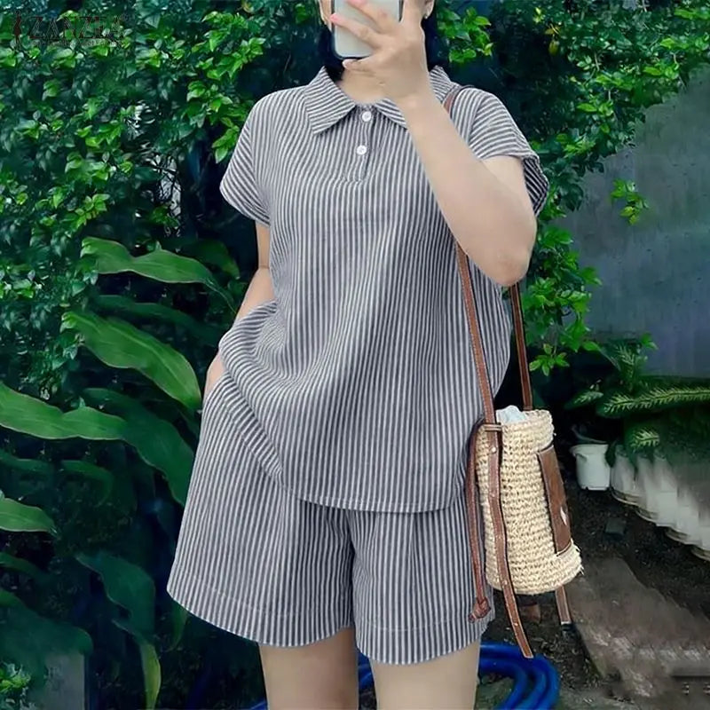 2026 ZANZEA Summer  Short Sleeve Shirt Short Sets Casual Holiday Striped Outfits Women 2 Pieces Sets Stylish OL Work Tracksuit