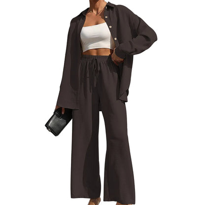 Women's Solid Button Front Shirt & Tie Front Wide Leg Pants Two-piece Set, Casual Drop Shoulder Long Sleeve Blouse Top & Trouser