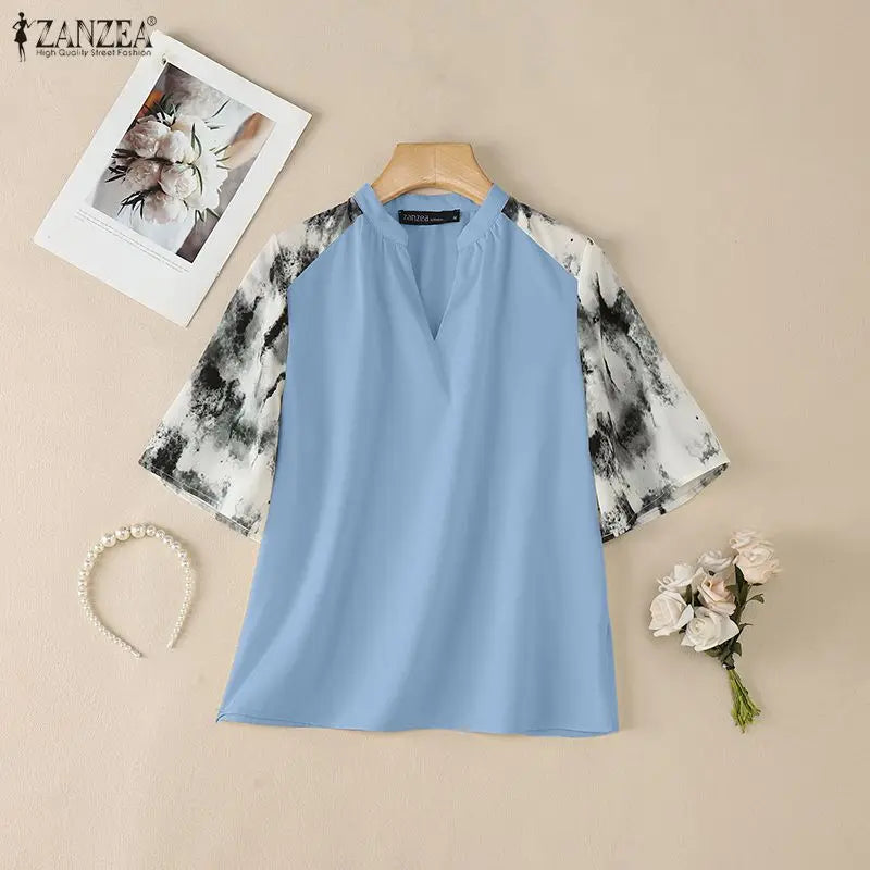 ZANZEA Elegant Blouses for Woman Patchwork Fashion Printed 3/4 Sleeve V-Neck Loose Tops Summer Daily Casual Blusas de Mujer