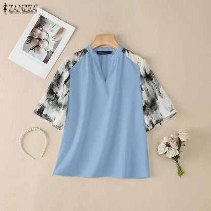 ZANZEA Elegant Blouses for Woman Patchwork Fashion Printed 3/4 Sleeve V-Neck Loose Tops Summer Daily Casual Blusas de Mujer