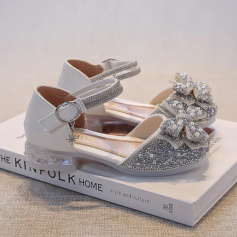 Kid's Sandals high Heels Pumps Rhinestone Bow Silver Party Breathable Shoes For Girl PU Leather Footwear for Kids Size 26-36
