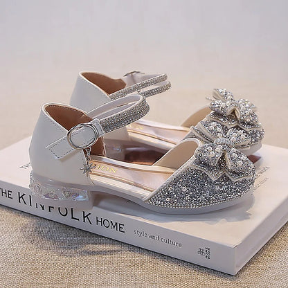 Kid's Sandals high Heels Pumps Rhinestone Bow Silver Party Breathable Shoes For Girl PU Leather Footwear for Kids Size 26-36