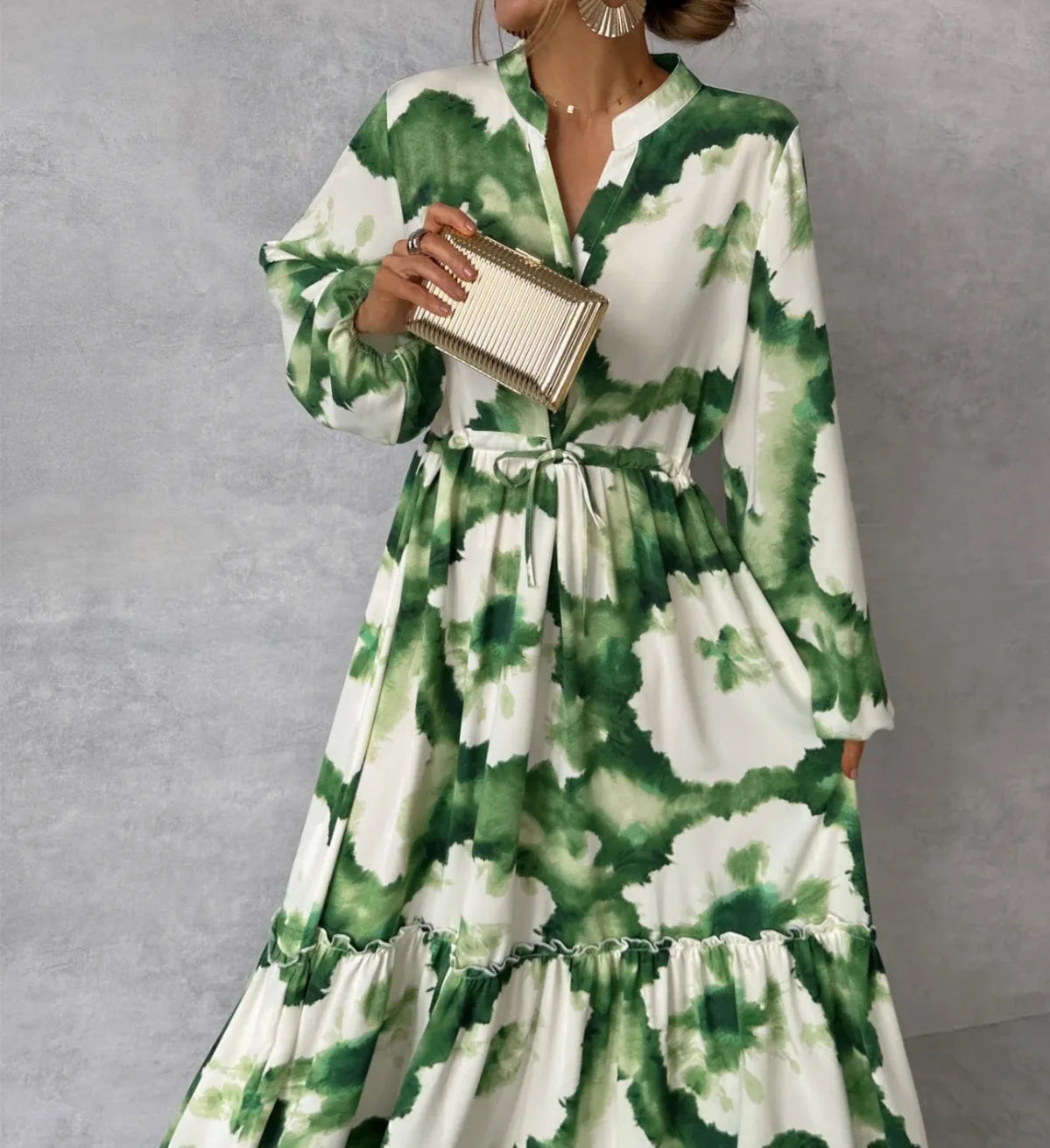 2024 Summer Elegant Women Maxi Dresses Fashion Green Print Long Sleeve V Neck Waist Adjustment Long Dress Female Party Vestido