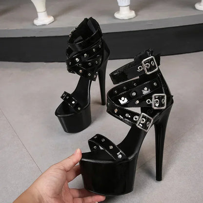 Summer Nightclub Pole Dancing Shoes Platform Shoes 16.5CM Party Rivet Ankle Strap Sandal Women Model Extreme High Heels Sandals