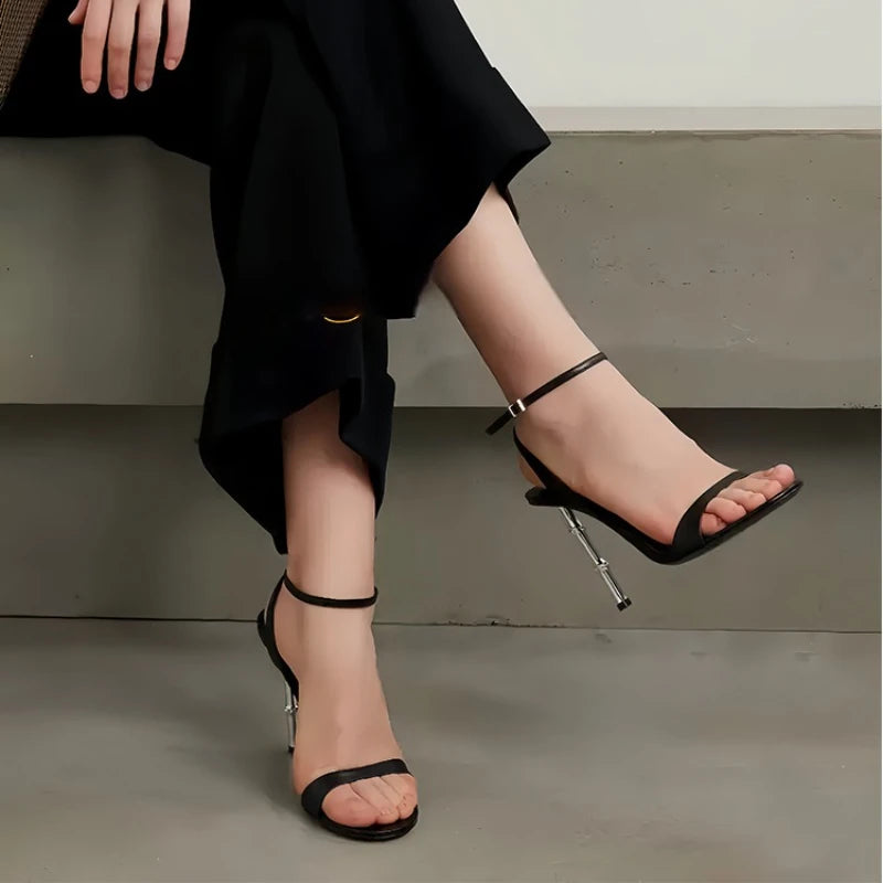 Black Round Toe Ankle Buckle High Heeled Sandals Women High Quality Patent Leather Brand Designer Shoes Elegant Party Dress Shoe