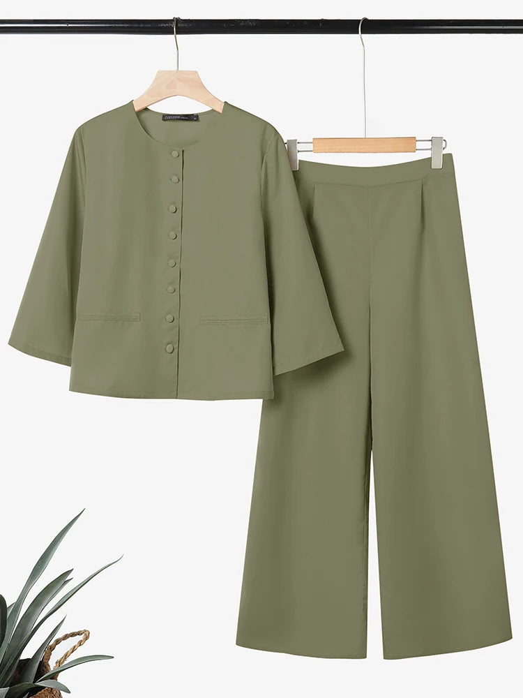 ZANZEA Fashion Women Pant Sets Spring 2 Pieces Sets Outfits 3/4 Sleeve Shirt Wide Leg Trousers Elegant Solid OL Work Tracksuit