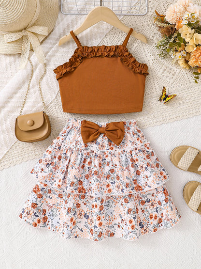 Spring Summer Girls Fashion Casual 2-piece dress Brown petal edge sleeveless vest + floral pleated cake knee-length skirt set