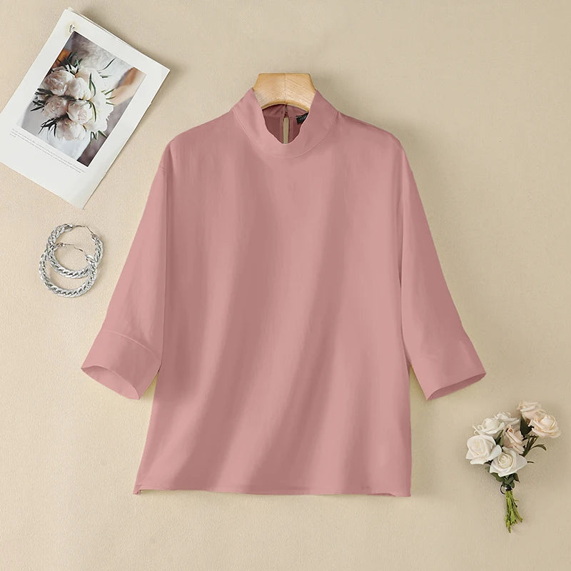 ZANZEA Woman Plus Size Blouses Casual Mock Neck 3/4 Sleeve Loose Solid Shirts Autumn 2026 Vintage Daily Wear Blusas Mujer 5XL
