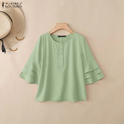ZANZEA Women Blouse 3/4 Sleeve Tunic Top Ruffles Sleeve Elegant Office Casual O-Neck Button Solid Summer Blusas Oversize